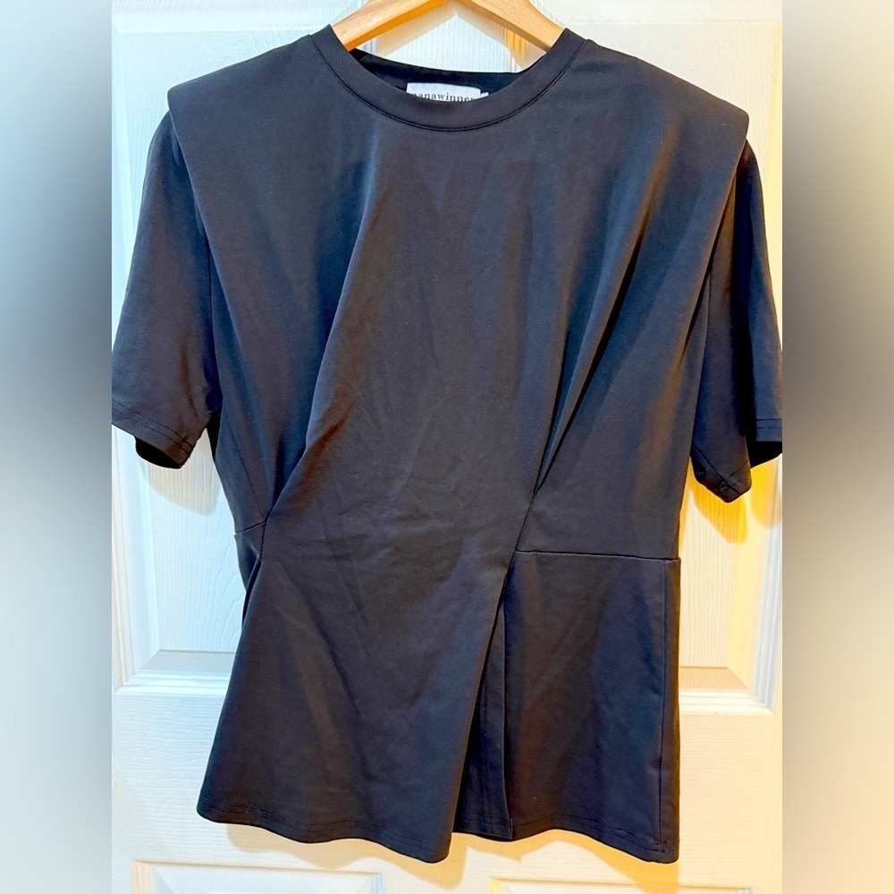 Black Short Sleeve Crew Neck Gathered Blouse